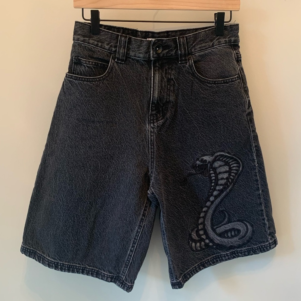 BDG Washed Black Jorts Jean Shorts with Snake Embroidery - 28